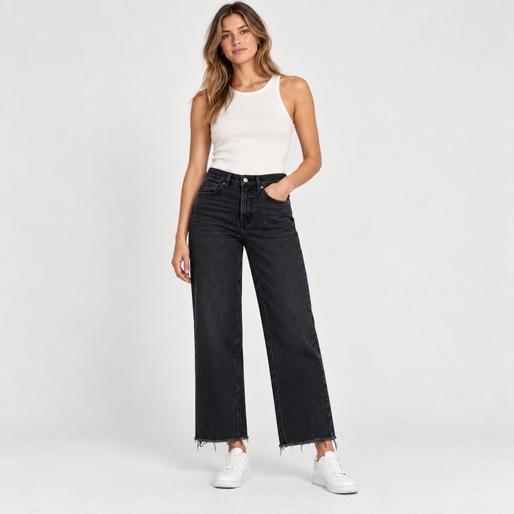 Frank & Eileen Jeans Women's 26 Monaghan Black Wash High Rise Straight Raw Hem